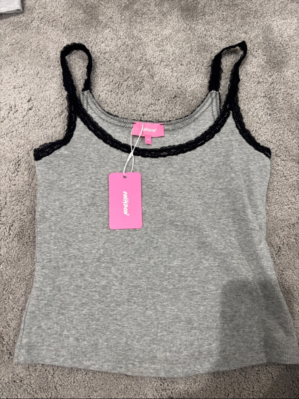 Edikted Gray Ribbed Tank with Black Lace Trim